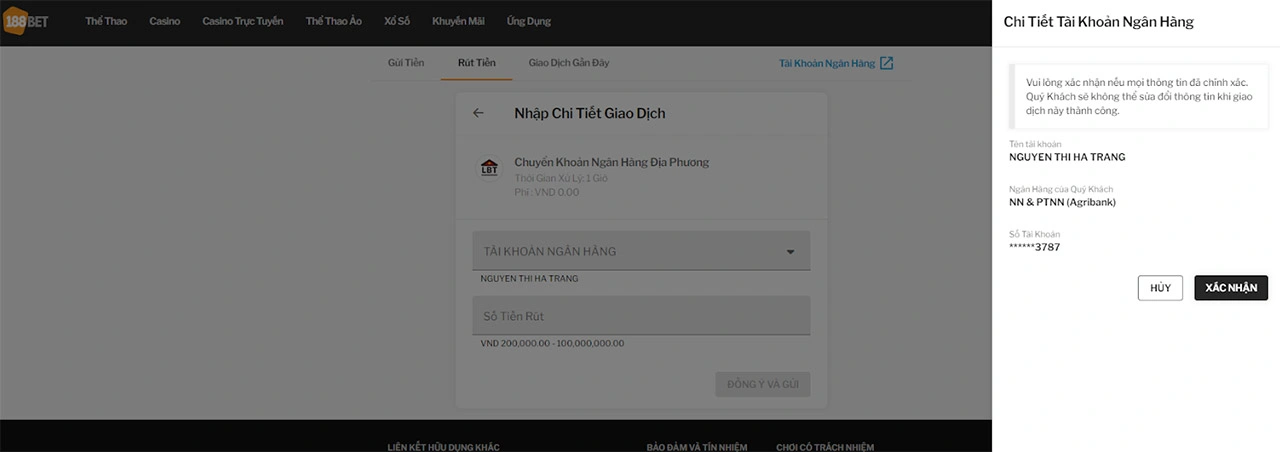 Cách rút tiền 188BET qua ngân hàng